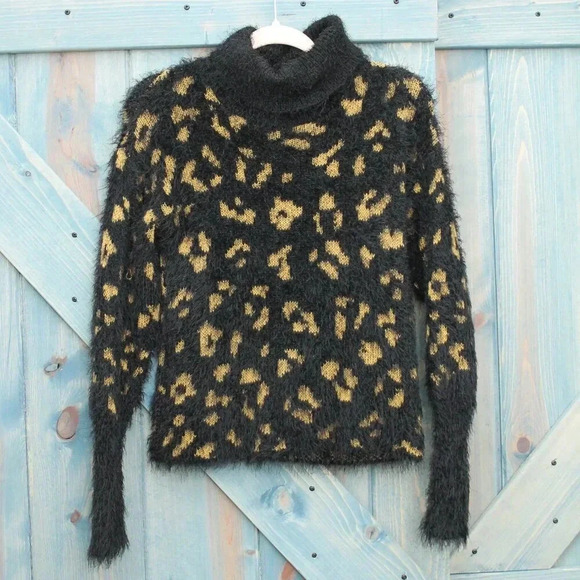 Mohair Sweater Fuzzy Leopard Animal Print Turtleneck Top Size Small Medium - Picture 5 of 6